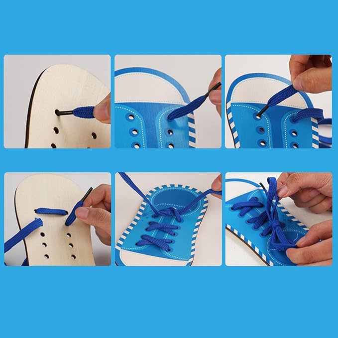 predolo Kids Wooden Threading Toys Lacing Shoes Creative Puzzle Games Develop Imagination, Blue
