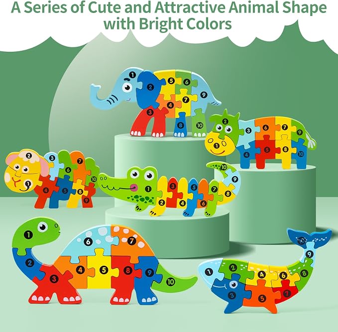 6 Pack Wooden Puzzles for Kids Ages 3-5, Animal Jigsaw Puzzles | 60 Pieces, CPC certified, with Numbers 1-10, Montessori Learning Toys, Educational Number Puzzle Gift Set, in Gift Box