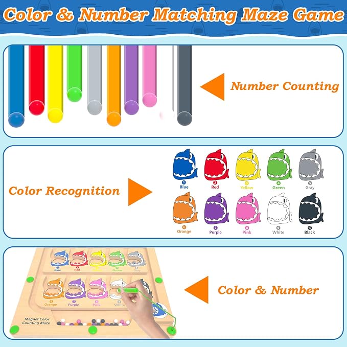 Magnetic Color & Number Maze, Montessori Counting Matching Toys, Wooden Magnetic Maze Board, Montessori Toy Fine Motor Skills Toys for 3 4 5 Years Old Preschool Learning Activities