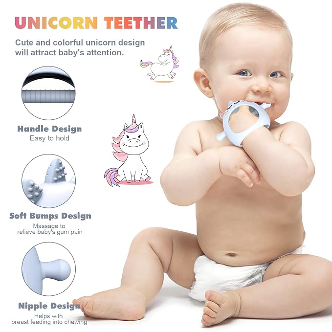 Teething Toys for Babies 0-6 Months, Tinabless Unicorn Never Drop Silicone Teether for Babies 6-12 Months, Hand Pacifier for Breast Feeding Baby, Baby Chew Toys Freezer Safe for Newborn, Blue