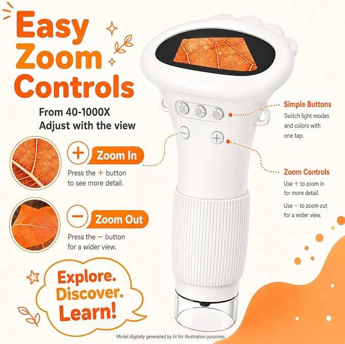 1000X Microscope for Kids, 2'' Screen Kids Wonder Quest Microscope Camera | , Digital Handheld Microscope, Educational Kids Magnifying Glass, Christmas Birthday Gifts for Age 3 4 5 6 7 8 9 10- White