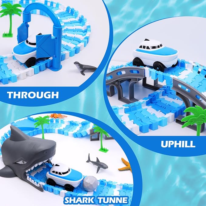Ocean Theme Flexible Race Car Tracks for Kids, Birthday Gift for Boys Age 3 4 5 6 7 Years Old, 240+ PCS Buildable Car Track Playset with Shark Tunnel and Sea Creature Accessories