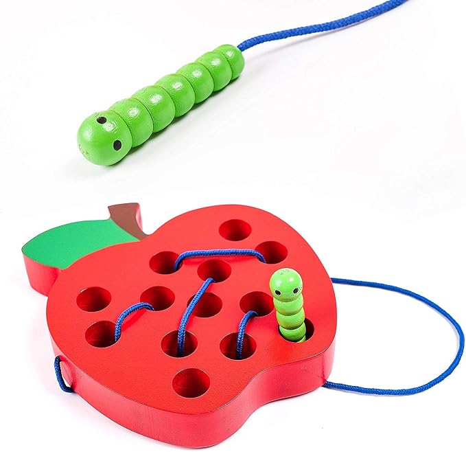 JCREN Wooden Lacing Apple Threading Toys Wood Apple Block Puzzle Travel Game Toys Early Learning Fine Motor Skills Montessori Educational for Baby Toddlers Kids 3 4 5 Years Old