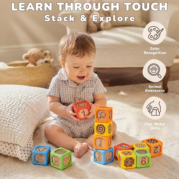 Joyreal Silicone Wooden Baby Blocks, 10PCS Montessori Stacking Blocks for Babies 6-18 Months, 1.7" Beech Wood Sensory Learning Toy with Animals, Numbers, Textures, Soft Chewable, Laser Engraved
