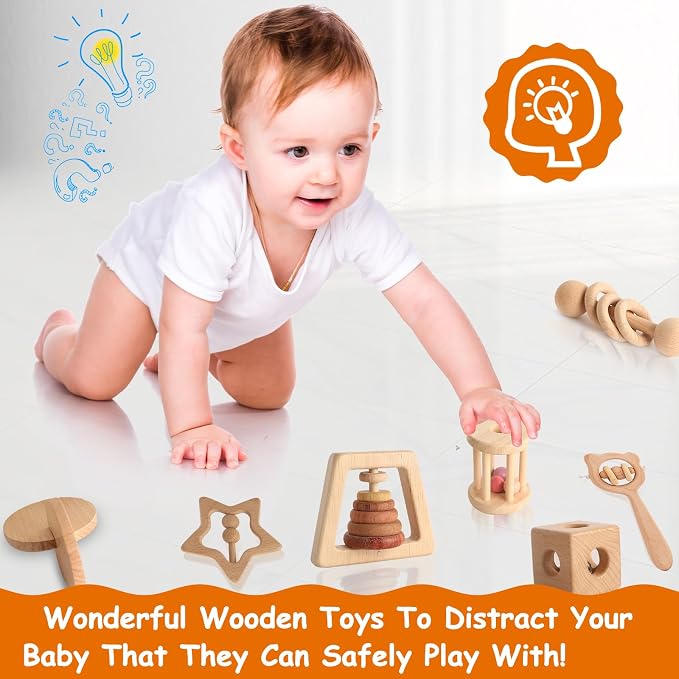 Wooden Rattles for Baby, 7PCS Wooden Montessori Toys for 7-24 Months Baby Boy Girl, Natural Beech Wood Grasping Toy, Gift for Babies