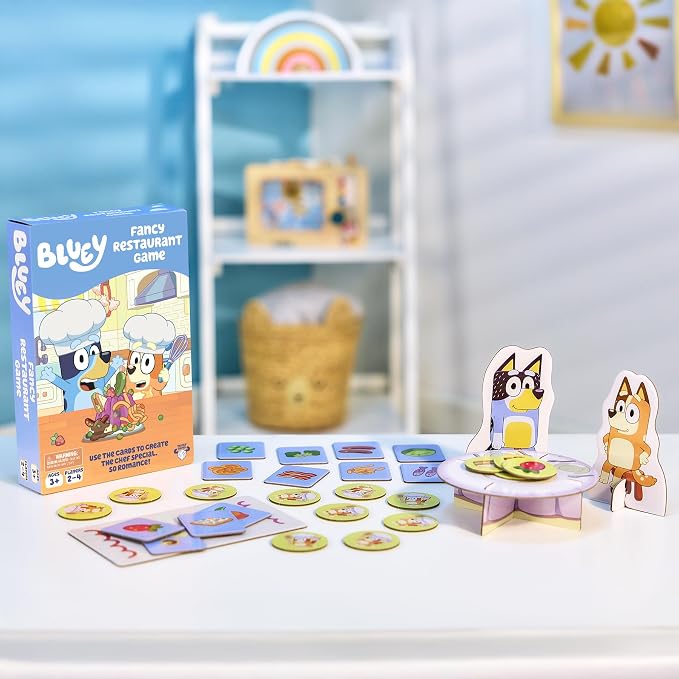 Bluey Fancy Restaurant Game, Join and Bingo as They Match Food Cards to Help Dad Prepare a Special Dinner for Mum, Serve up Fun While Building Memory and Matching Skills, Ages 3+, 2–4 Players | Based on the Fancy Restaurant episode, 2-4 players; family...