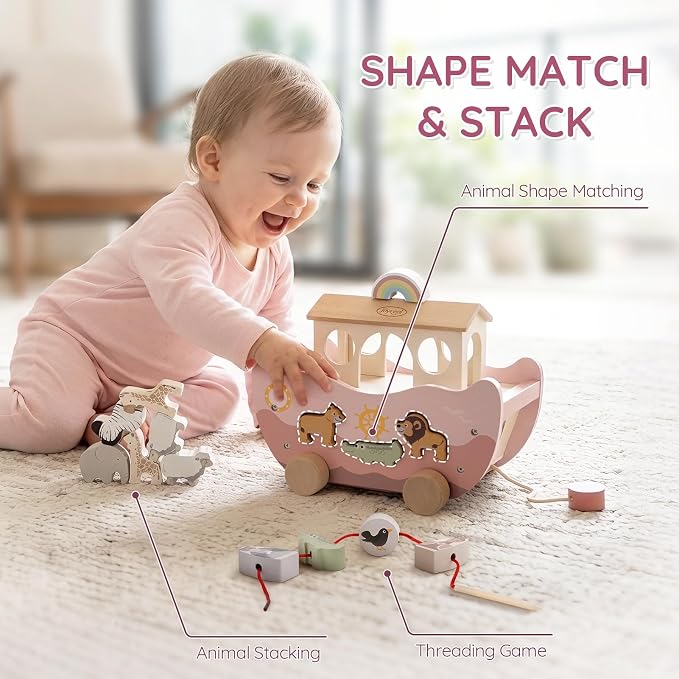 Joyreal Pink Wooden Noah's Ark Toy for 1 Year Old Baby Girl Baptism Gifts | Montessori Educational Toy, Animal Shape Sorter, Christian Toys for Toddler Boy 1-3 Years Old, Christmas Birthday Gift