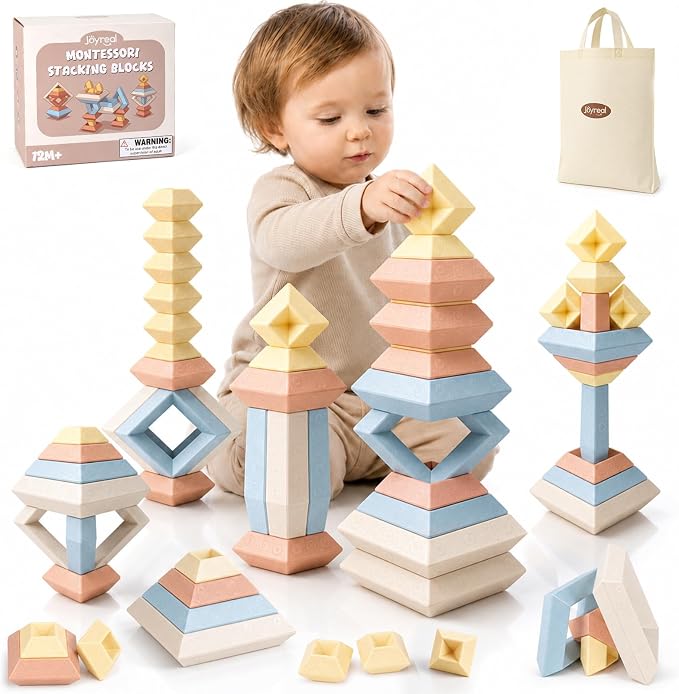 Joyreal Montessori Stacking Blocks for Toddlers 1-3，30PCS Nesting & Building Toys with Storage Bag,Educational Fine Motor Learning Toy, Preschool STEM Stacking Blocks for Boys Girls 12M+