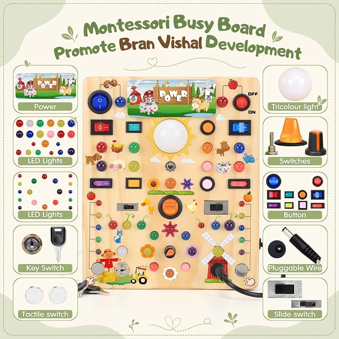 Busy Board with 19 LED Light Switches, Montessori Toys for 1 2 3 Years Old, Wooden Sensory Board, Toddlers Activity Travel Toys for 1 2 3 Year Old Boy & Girl Birthday Gift (Big Farm)