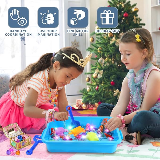 GAIETYDIY Mermaid Sensory Bin for Girl, Magic Sand Art Kit with LED Light | 2.2lbs Sensory Sand, Ocean Sea Animals, Sand Box with lid, Mermaid Toy Christmas Birthday Gift for Girls Ages 3 4 5 6 7 8 9+