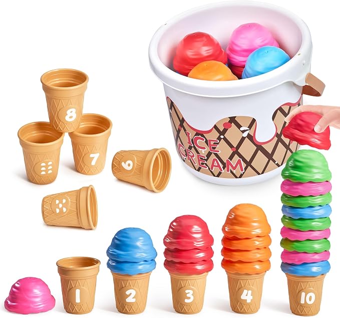 JoyCat Ice Cream Preschool Learning Activities Counting and Color Sorting Set Stacking Toys for Kids 1-5, Educational Fine Motor Skills Toys, 30PCS Math Manipulatives | Match colors, stack scoops and serve pretend ice cream; included pieces support cou...