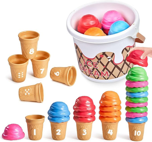 JoyCat Ice Cream Preschool Learning Activities Counting and Color Sorting Set Stacking Toys for Kids 1-5, Educational Fine Motor Skills Toys, 30PCS Math Manipulatives | Match colors, stack scoops and serve pretend ice cream; included pieces support cou...