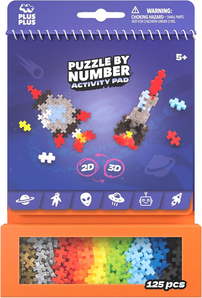 PLUS PLUS Puzzle By Number Activity Pad, Space - Mini Building Blocks Set | Roadtrip Essentials for Kids, Interlocking Waffle Blocks, Stem Toy, Airplane Activities for Kids, Kid Car Ride Must Haves