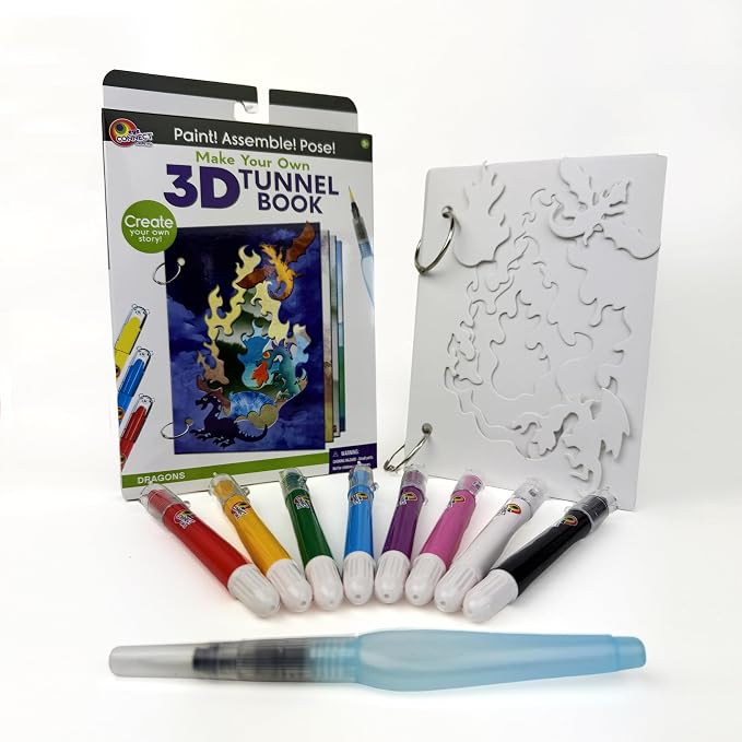 EyeConnect Crafts Dragons Mini 3D Tunnel Book – Hands-on Paper Craft Kit | Build, color & create a pop-in book! Mini animals, watercolor pastels & water brush included. Portable, screen-free fun! 3+
