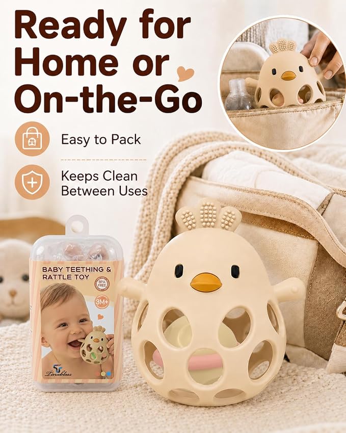 Tinabless 2-in-1 Baby Teether Rattle Toy, Easy Grip Silicone Teething Toy for Babies 3-12 Months, BPA-Free Sensory Chew Toy for Sore Gums, Infant Shower Gift (Beige w/Rattle)