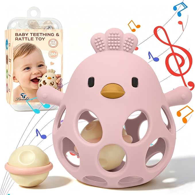 Tinabless Baby Teether Rattle Toys, 2-in-1 Easy Grip Silicone Teething for Babies 3-12 Months, BPA-Free Sensory Chew Toy for Sore Gums, Infant Gift (Pink w/Rattle)