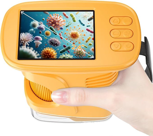 1000X Kids Handheld Microscope, 4K Digital Mini Pocket Digital Microscope with 2.4" IPS Screen, Built-in Camera & 12 Prepared Slides, STEM Educational Toy, Birthday Gift for Boys & Girls Ages 3–12