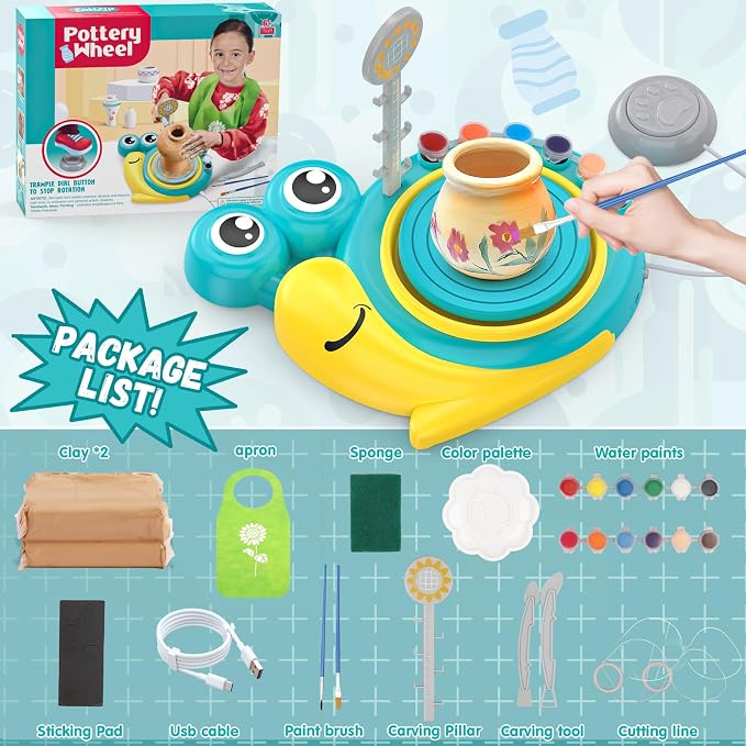 Aujazyble Pottery Wheel for Kids, Complete Arts & Crafts Kit for Kids 6-12+ | Crafts for Girls 8-12, Girls Boy Toys Birthday Halloween Christmas Gift for Kids Ages 6 7 8 9 10 11 12+, (Snail)