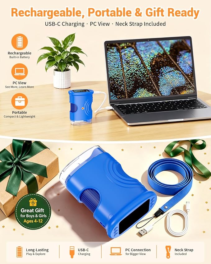 1000X Digital Handheld Microscope for Kids Portable Outdoor Toys & Gifts | 2.0" IPS Screen Magnifier, STEM Science Lab Magnifying Glass, Photo&Video Pocket Edu Toy for Boys & Girls Age 4-12, Blue