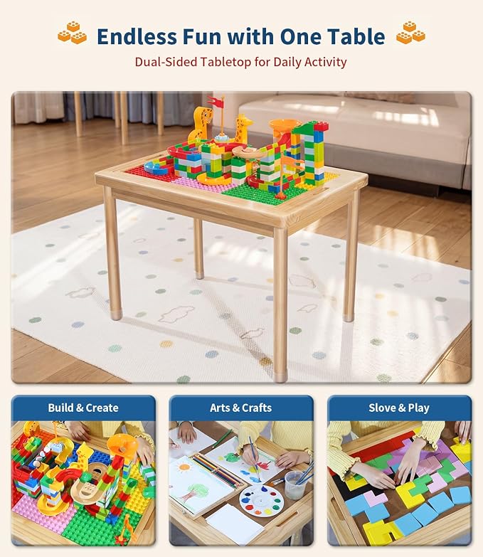 28" Kids Activity Table, Compatible with Lego & Duplo Bricks Play Desk | 4 Foldable Storage Bins, Premium Solid Pine Wood, Reversible Tabletop for Multi-Child STEM Learning & Crafts