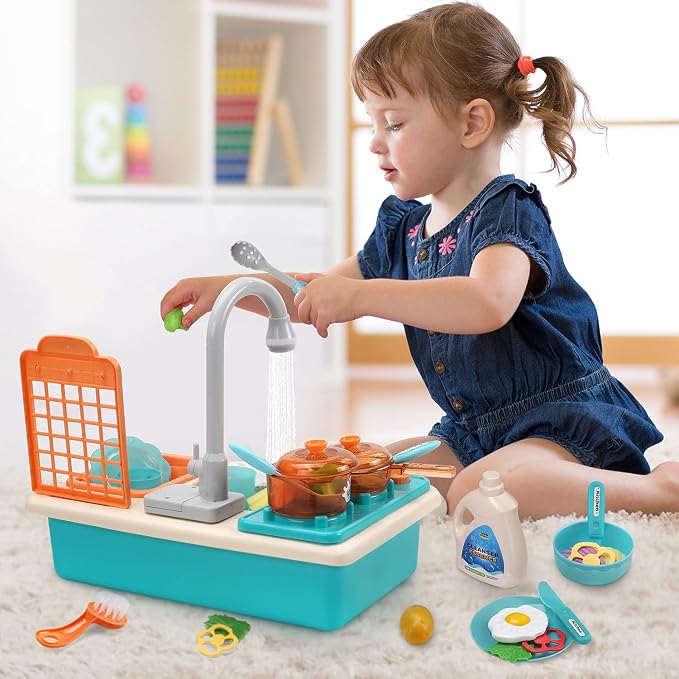 CUTE STONE Play Kitchen Sink Toys with Upgraded Real Faucet | Play Sink with Cooking Stove, Cookware Pot and Pan, Play Food, Color Changing Dishes Accessories for Boys Girls Toddlers