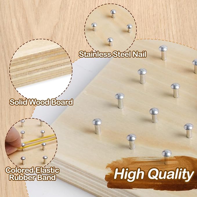 Wooden Geoboard, Montessori STEM Toy with Pattern Blocks for Kids Ages 3+ | Rubber Bands & Pattern Cards, Fine Motor Math Learning Geo Board, Classroom Home STEM Activity, Brain Teaser Educational Gift