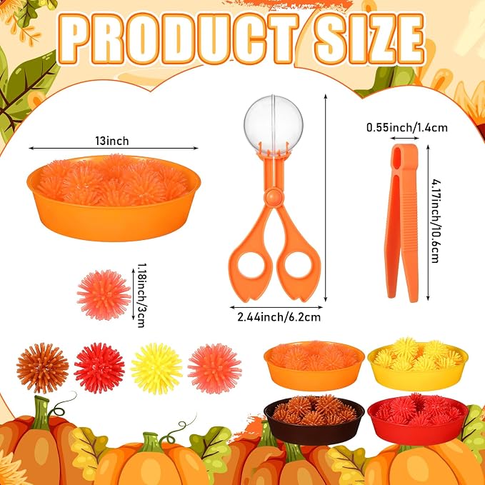Leitee 71 Pcs Sensory Bin Filler,Orange,Autumn | Hedge Balls Tweezers Clips Cups, Fine Skills Toys Set for Kids Counting Sorting, Sensory Bin Tools Preschool Learning