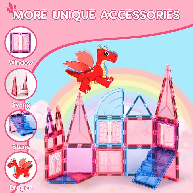 Magnetic Tiles for Kids Age 4-8 with Dragon, 36 Piece Princess Castle Magnet Tiles for Girls, Movable Dragon Sensory Toys for 3+, Creative Construction Building Set for Class, Xmas Gift for Grandkids