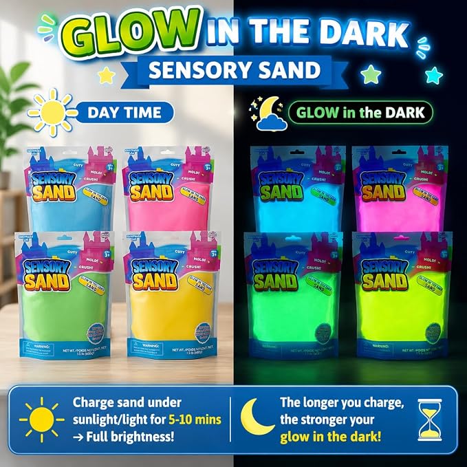 Carolart Glow in the Dark Sensory Sand Refill for Kids 7.5lb | 7.5lb Bulk Sensory Bin Filler, 5 Color Moldable Play Sand, Sensory Kit for Sand Tables, Classroom Activities & Crafts