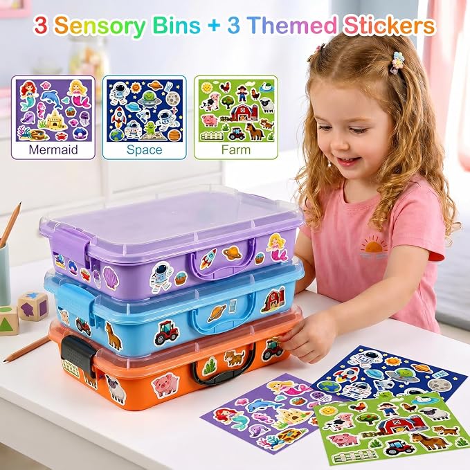 FIIOEOY 3 Pcs Sensory Bin Sand Tray with Lid & 3 Stickers, Stackable Storage Sensory Bin Containers with Lid, Portable Sandbox Organizers for Toys, Sand, Arts, Crafts (Purple, Blue, Orange)