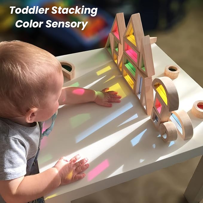 BOHS Translucent Wooden Rainbow Blocks for Kids, 24-Piece Sensory Set | Six shapes in four vivid colors; light-table and sunny-window play; color mixing, motor skills and open-ended creativity