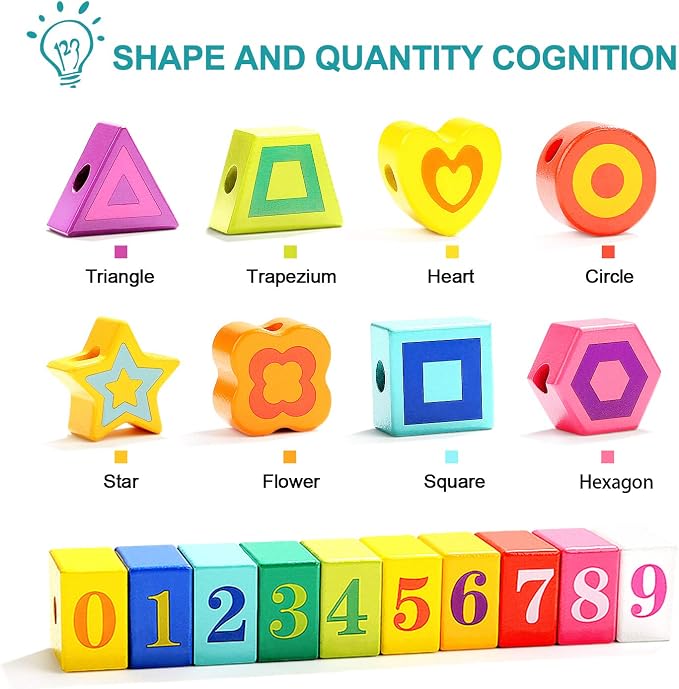 TOP BRIGHT Wooden Lacing Beads, Montessori Fine Motor Toys for Toddlers 1-3