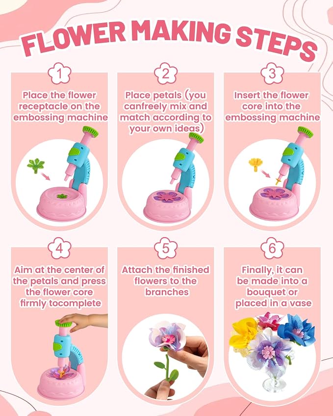 Glowsprout DIY Flower Bouquet Maker Kit with Fabric Petals for Girls, Pink | Easy-press flower maker with colorful fabric petals and stems for bouquets, baskets and creative gifts for girls ages 3-12