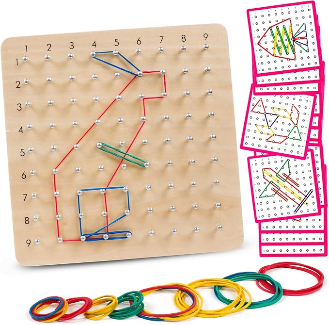 Wooden Geoboards - Montessori STEM Toy with Pattern Cards for Kids Ages 3+ | Pattern Cards & Rubber Bands, Geometric Shape Learning, Classroom STEM Tool, Brain Teaser Gift