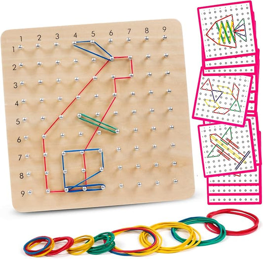 Wooden Geoboards - Montessori STEM Toy with Pattern Cards for Kids Ages 3+ | Pattern Cards & Rubber Bands, Geometric Shape Learning, Classroom STEM Tool, Brain Teaser Gift