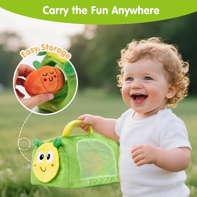 hahaland Montessori Toys for 1 Year Old - Baby Fruit Vegetable 6-12 Months | 17 PCs Sensory Toys Color Sorting Plush Play Food with Caterpillar Bag, 9 10 12 Month Old Toy 1st One Year Old Birthday Gifts