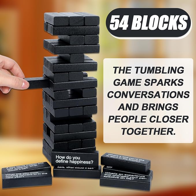 Tumbling Tower Question Game 54 Fun Conversation Starters Questions with Box and Storage Bag Wooden Tumbling Stacking Blocks for Adults Family Night Games Team-Building Get to Know Each Other