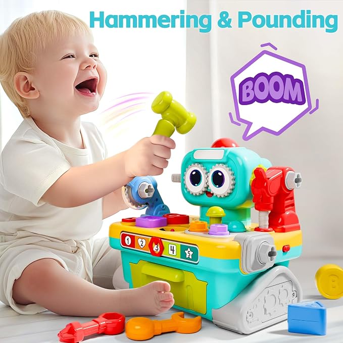 iPlay, iLearn Toddler Musical Workbench Toy, 1 Year Boy Gift, Baby Tool Set | Infant Shape Sorter Activity, Kid Pounding Game, Toddler Learning Toy, 1st Birthday Gift 12 18 24 Month Girl Age One 1 2 3 Yr