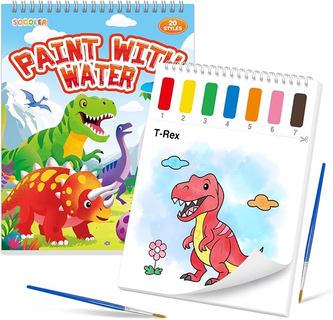 SOCOLER Paint with Water Coloring Books for Toddlers, Dinosaurs Theme Mess Free Watercolor Painting Papers for Kids Water Color Paint Kit Art Craft Birthday Gift for Ages 1-3, 4-8