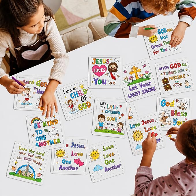 Cinrobiye 24 Pcs Christian Coloring Jigsaw Puzzle Crafts Bulk DIY Religious Inspirational Bible Activities Jesus Loves You Faith Art Projects for VBS Sunday School Church Party Favors