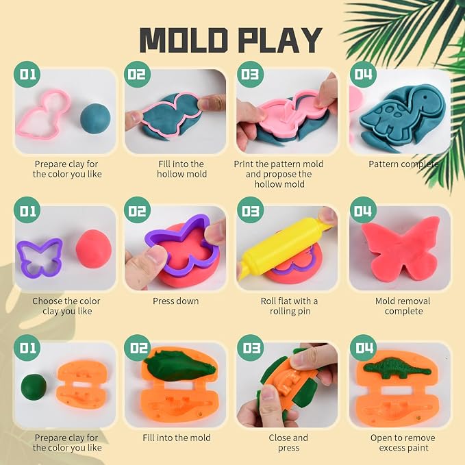 Dinosaur Toys Kids Dough Playset, 55PCS Dino Toys Kit with Molds & Clay | Make Dinosaurs or Create Your Own Models, Storage Case Gift for Boys & Girls Ages 3-8