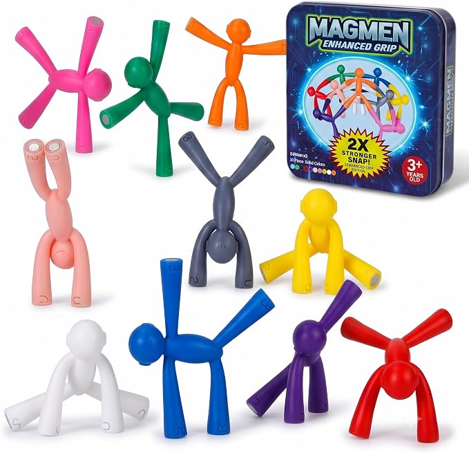 MAGMEN Magnetic People Figures-10 Pc Kids Magnet Men Travel Toy Characters | 3 in. poseable fidgets, magnets securely embedded. Quiet car and desk play. Party favors. w/metal play tin