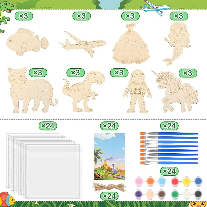 Saypacck 24 Pcs Animal Theme Party Favors Wooden Paint Craft Kits | Princess Unicorn Fairy Cowgirl Themes, With Brush Organza Bag, Ideal for Kids Girls Birthday Party Goodie Bag Fillers