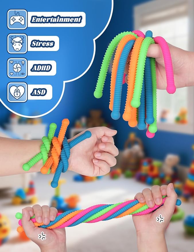 10 Pack Sensory Autism Toys for Kids – Gift Box Upgraded Extra-Thick Stretchy Sensory Strings for School Classroom Rewards Back to School Birthday Party Favors (Textured)