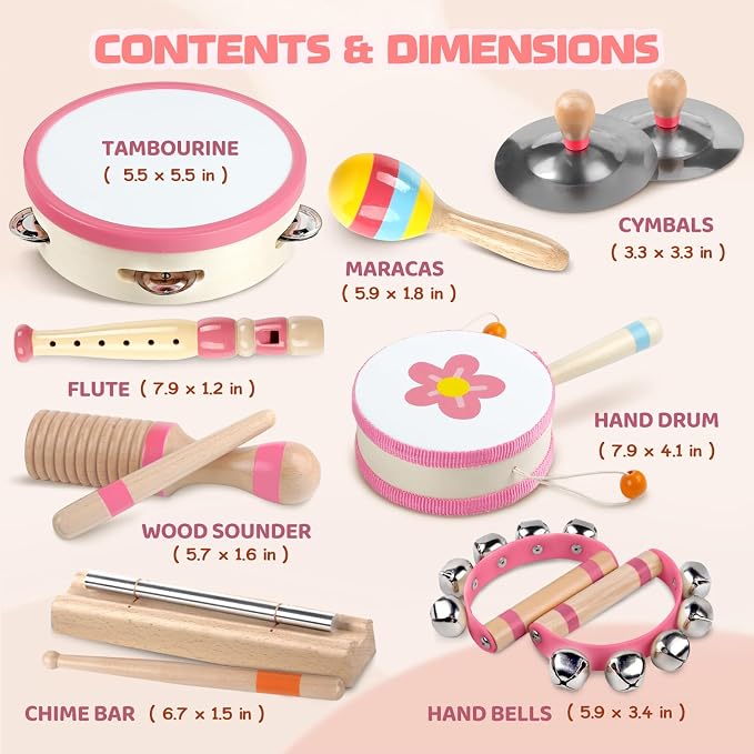 Baby Musical Instruments - Montessori Wooden Musical Toys for Toddlers Kids | 10pcs Tambourine Percussion Instruments Set, Preschool Music Learning Sensory Toys, Educational Birthday Gifts for Boys Girls