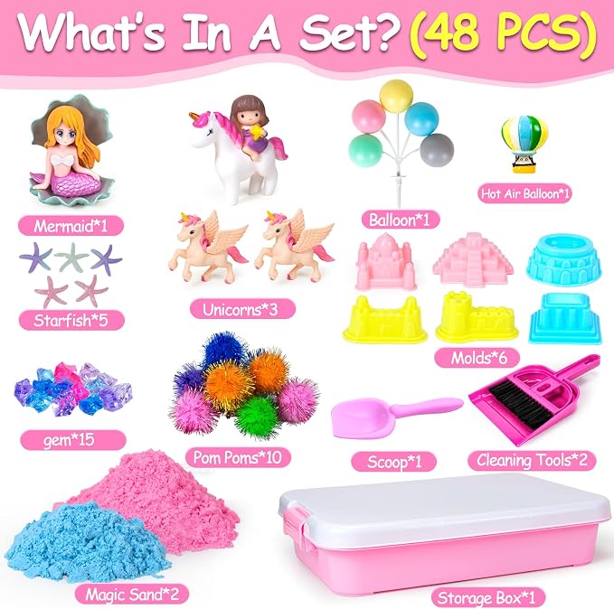 Unicorn Sensory Bins, Sensory Sandbox Toys for Girls Toddler 3 4 5 6 7 8 | Unicorn Play Sand Art Kit with Sandbox & Sand Castle Molds & Tools, Great Gift for Kids Toddlers Christmas Birthday