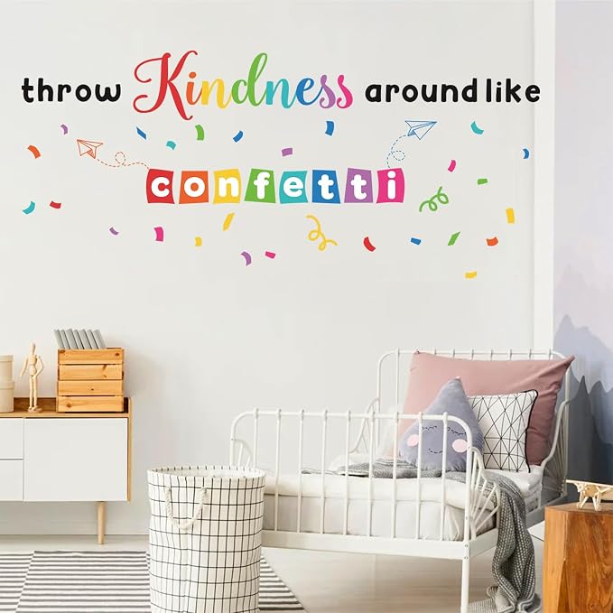 LHIUEM Inspirational Wall Decals Throw Kindness Around Like Confetti Bulletin Board Kits Peel and Stick Wall Decor Welcome Back to School Wall Stickers for Kids Elementary Classroom Kindergarten Sets
