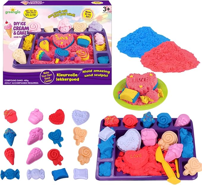 greenglo Sensory Sand Kit for Kids - 0.88 LBS with 12 Molds & Ice Cream Display Tray Sandbox - Kids' Sand Playset Ages 3-8 Creative Sensory Bin Play
