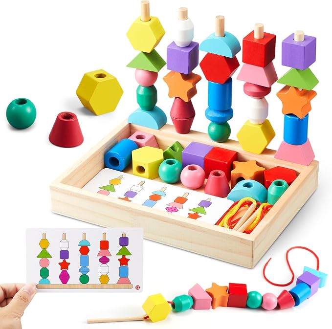 Montessori Wooden Toys, Lacing Beads & Stacking Block & Matching Shape Stacker, Montessori Wooden Beads Sequencing Toy Set, STEM Preschool Learning Toy Birthday Gift for 2 3 4 Year Old Toddler Gifts