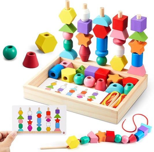 Montessori Wooden Toys, Lacing Beads & Stacking Block & Matching Shape Stacker, Montessori Wooden Beads Sequencing Toy Set, STEM Preschool Learning Toy Birthday Gift for 2 3 4 Year Old Toddler Gifts
